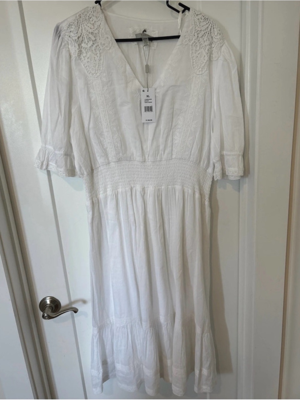 Cupio White Midi Dress with Crochet Yoke